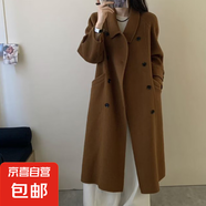 純色翻領(lǐng)雙排扣袖袢長(cháng)袖大口袋雙面羊毛大衣加長(cháng)款毛呢外套女秋冬 焦糖 M