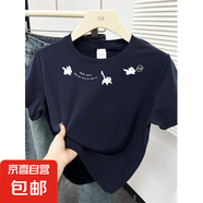 【100%純棉】正肩短袖t恤女裝新款夏季ins時尚百搭洋氣減齡上衣潮 藏藍色-領口三只小貓 2XL （建議115-135斤）