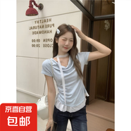 溫柔甜妹風(fēng)新款蕾絲拼接短袖T恤女夏季修身顯瘦黃色上衣 藍(lán)色 均碼 建議80-125斤