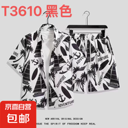 港風復古短袖花襯衫男夏威夷泰國三亞海邊度假情侶短褲沙灘服套裝 南T3610黑色 L