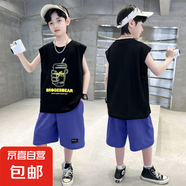 男童時(shí)髦無(wú)袖純棉圓領(lǐng)背心套裝新款帥氣速干卡通上衣運動(dòng)短褲夏裝 黑色 【無(wú)袖+短褲】純棉套裝#4411 120 (均 碼) 建議身高110-120cm