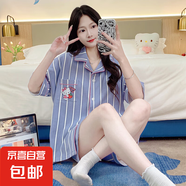 睡衣女夏季薄款仿棉開衫短袖短褲套裝學(xué)生甜美可愛外穿翻領(lǐng)家居服 Q91234 3XL 女