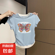 歐貨感卡通印花短袖t恤女夏季新款修身顯瘦正肩小眾設計感上衣ins 天藍色-K293白 M