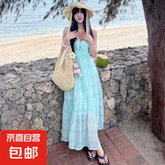 超仙大擺純欲風(fēng)V領(lǐng)性感多巴胺露背掛脖吊帶仙女長裙海邊度假裙子 圖片色 M 【建議100-110斤】