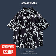 夏季新款韓版ins港風(fēng)復(fù)古碎花薄款情侶襯衣上衣寬松短袖襯衫男潮 1163黑色 XL