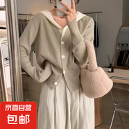 韓系甜美拼接假兩件針織開衫女春秋小眾簡約百搭顯瘦連帽毛衣外套 1638卡其 M  【建議96斤-110斤】