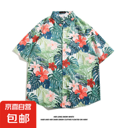 夏威夷冰絲寸衫男士潮牌短袖襯衫男夏季沙灘花襯衣情侶裝寬松外套 5155 L