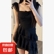 森系不規(guī)則小飛袖連衣裙法式2025氣質(zhì)設(shè)計(jì)感顯瘦新款收腰吊帶長裙 黑色 L 【建議110-120斤】