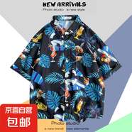 【沙灘花襯衫】超火夏威夷短袖男士寬松ins港風(fēng)日系復古潮流襯衣 駝色 1175黑 L