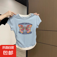 歐貨感卡通印花短袖t恤女夏季新款修身顯瘦正肩小眾設(shè)計(jì)感上衣LHX 天藍(lán)色-k293藍(lán) M