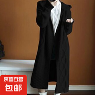 春秋季2025年新款女裝毛衣女帶帽長款過膝絞花針織開衫連帽外套 708黑色 L  【建議110斤-120斤】