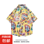 2025新款夏威夷風(fēng)碎花滿印短袖花襯衫男夏季寬松休閑沙灘襯衣外套 2141黃色 2XL