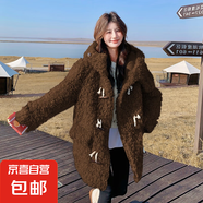 學(xué)院風(fēng)連帽牛角扣羊羔毛外套女2025冬季新款小個(gè)子皮毛一體短外套 泰迪咖色 均碼
