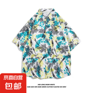 2025新款夏威夷風(fēng)碎花滿印短袖花襯衫男夏季寬松休閑沙灘襯衣外套 2111白色 2XL