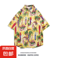 2025新款夏威夷風(fēng)碎花滿印短袖花襯衫男夏季寬松休閑沙灘襯衣外套 2152黃色 2XL