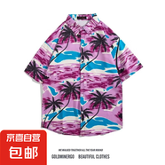 2025新款夏威夷風(fēng)碎花滿印短袖花襯衫男夏季寬松休閑沙灘襯衣外套 2150粉色 2XL