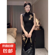 新中式國風(fēng)無(wú)袖背心連衣裙女夏季刺繡旗袍裙修身長(cháng)裙收腰包臀裙子 黑色 L