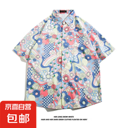 夏威夷冰絲寸衫男士潮牌短袖襯衫男夏季沙灘花襯衣情侶裝寬松外套 5168 3XL