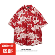 【巴洛克痞帥】泰國港風(fēng)襯衫外套夏季男士短袖沙灘海邊度假冰絲 紅色3105 L