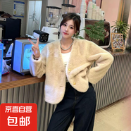 韓款小香風(fēng)v領(lǐng)外套2025年秋冬季百搭時(shí)尚短款仿兔毛環(huán)保皮草外套 奶茶色 均碼