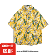 潮牌小眾ins短袖襯衣男BF夏季休閑沙灘印花襯衫街頭寬松半袖上衣 2171黃色 M