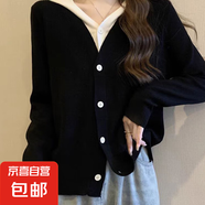 韓系甜美拼接假兩件針織開衫女春秋小眾簡約百搭顯瘦連帽毛衣外套 1638黑色 M  【建議96斤-110斤】
