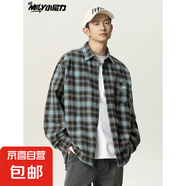 2025年美式復古cleanfit扎染格子高品質時尚百搭長袖襯衫外套男 藍色 CS27-101 XL
