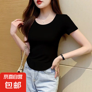 優(yōu)斯宸單/兩件美式復(fù)古寬松短袖女ins不規(guī)則夏季短款設(shè)計感小眾正 黑色【單件裝】 M 碼【建議95斤以內(nèi)】