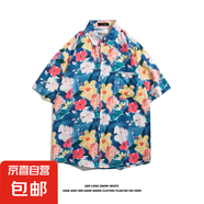 潮牌小眾ins短袖襯衣男BF夏季休閑沙灘印花襯衫街頭寬松半袖上衣 1196藍(lán)色 2XL