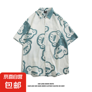 潮牌小眾ins短袖襯衣男BF夏季休閑沙灘印花襯衫街頭寬松半袖上衣 3114藍(lán)色 2XL