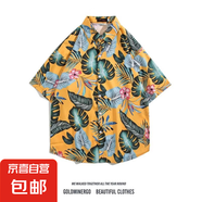 2025新款夏威夷風(fēng)碎花滿印短袖花襯衫男夏季寬松休閑沙灘襯衣外套 2143黃色 2XL