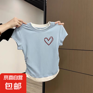 歐貨感卡通印花短袖t恤女夏季新款修身顯瘦正肩小眾設計感上衣ins 天藍色-K300右 XL