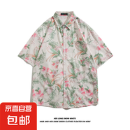 潮牌小眾ins短袖襯衣男BF夏季休閑沙灘印花襯衫街頭寬松半袖上衣 3110淺綠色 XL