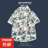 港風三亞夏威風短袖花襯衫沙灘套裝 戶外旅游情侶款休閑寬松外套 1191白色 2XL