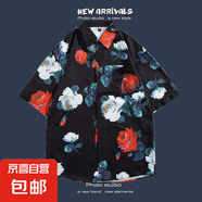 港風(fēng)三亞夏威風(fēng)短袖花襯衫沙灘套裝 戶外旅游情侶款休閑寬松外套 1188黑色 XL