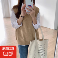 2025春秋款疊穿新款寬松復古針織毛衣馬甲女背心韓版百搭外穿外套 2208卡其 M  【建議96斤-110斤】