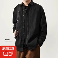 美式工裝襯衫式夾克外套男2025春秋新款寬松日系復(fù)古休閑長(zhǎng)袖襯衣 黑色 XL