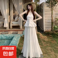 法式復古掛脖連衣裙女2025夏季新款仙女氣質(zhì)白色蕾絲海邊度假長(cháng)裙 白色半身裙 M