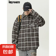 2025年美式復古cleanfit扎染格子高品質時尚百搭長袖襯衫外套男 黑色 CS27-101 2XL