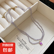 水晶串珠鋯石愛心方形吊墜項鏈小清新甜美鎖骨鏈輕奢高級感頸鏈女 項鏈-紫色方形