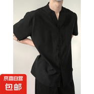 新中式冰絲短袖男夏季設(shè)計感撞色開叉小領(lǐng)口重磅T恤感半截袖 黑色 C526潮協(xié)會 2XL