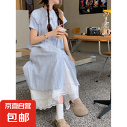 甜美學(xué)院風(fēng)疊穿兩件套裝藍(lán)色條紋襯衫連衣裙子蕾絲半身裙女 套裝【襯衫裙+半身裙】 S 【建議90-100斤】