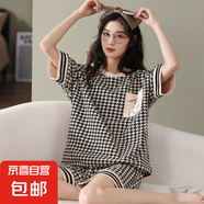 日系睡衣女云朵棉夏季短袖短褲少女高級感休閑潮流外穿家居服套裝 S千鳥格短套 L