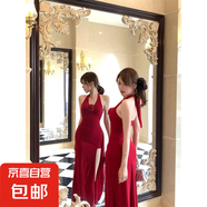 黑色花朵露背掛脖連衣裙女夏季開叉修身收腰裙子辣妹顯瘦包臀長裙 紅色 M 【建議100-110斤】