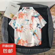 夏季薄款沙灘防曬襯衣寬松夏威夷碎花短袖襯衫男女款情侶疊穿外套 1134白色 2XL