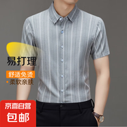 高端藍(lán)色條紋長袖襯衫男2025春季商務(wù)免燙中青年時(shí)尚休閑打底上衣 LZ002淺灰色（短袖襯衫） 3XL