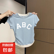 歐貨感卡通印花短袖t恤女夏季新款修身顯瘦正肩小眾設計感上衣ins 天藍色-K281白 L