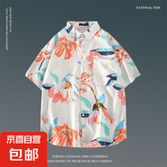 日系ins港風夏季短袖花襯衫男女復古痞帥夏威夷沙灘情侶寬松襯衣 酒紅色 1134白 L