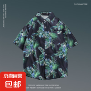 日系ins港風(fēng)夏季短袖花襯衫男女復古痞帥夏威夷沙灘情侶寬松襯衣 1114黑色 L