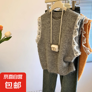 復(fù)古蕾絲拼接無袖針織馬甲背心女春秋圓領(lǐng)寬松慵懶風(fēng)洋氣毛衣上衣 2815灰色 S  【建議80斤-95斤】